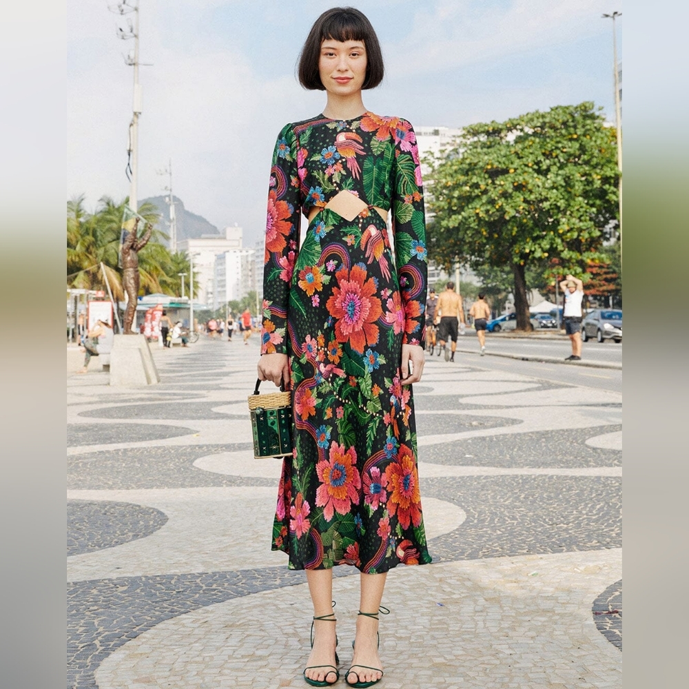 FARM Rio Black Blooming Garden Lenzing™ Ecovero™ Viscose Midi Dress Large NWT!